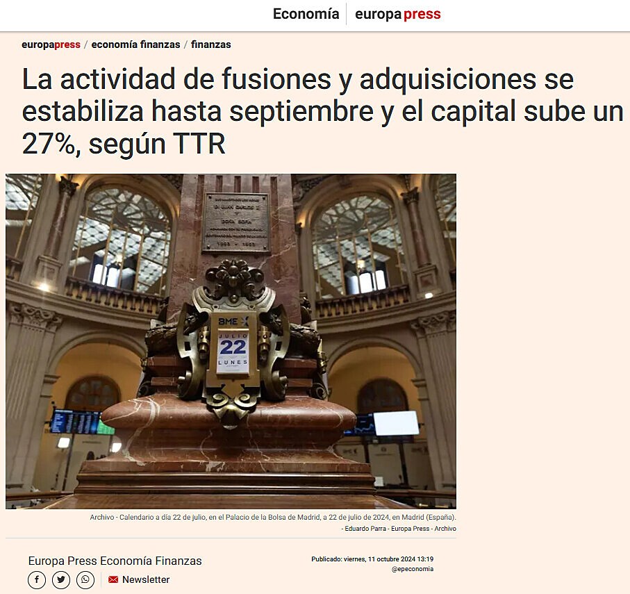 La actividad de fusiones y adquisiciones se estabiliza hasta septiembre y el capital sube un 27%, segn TTR